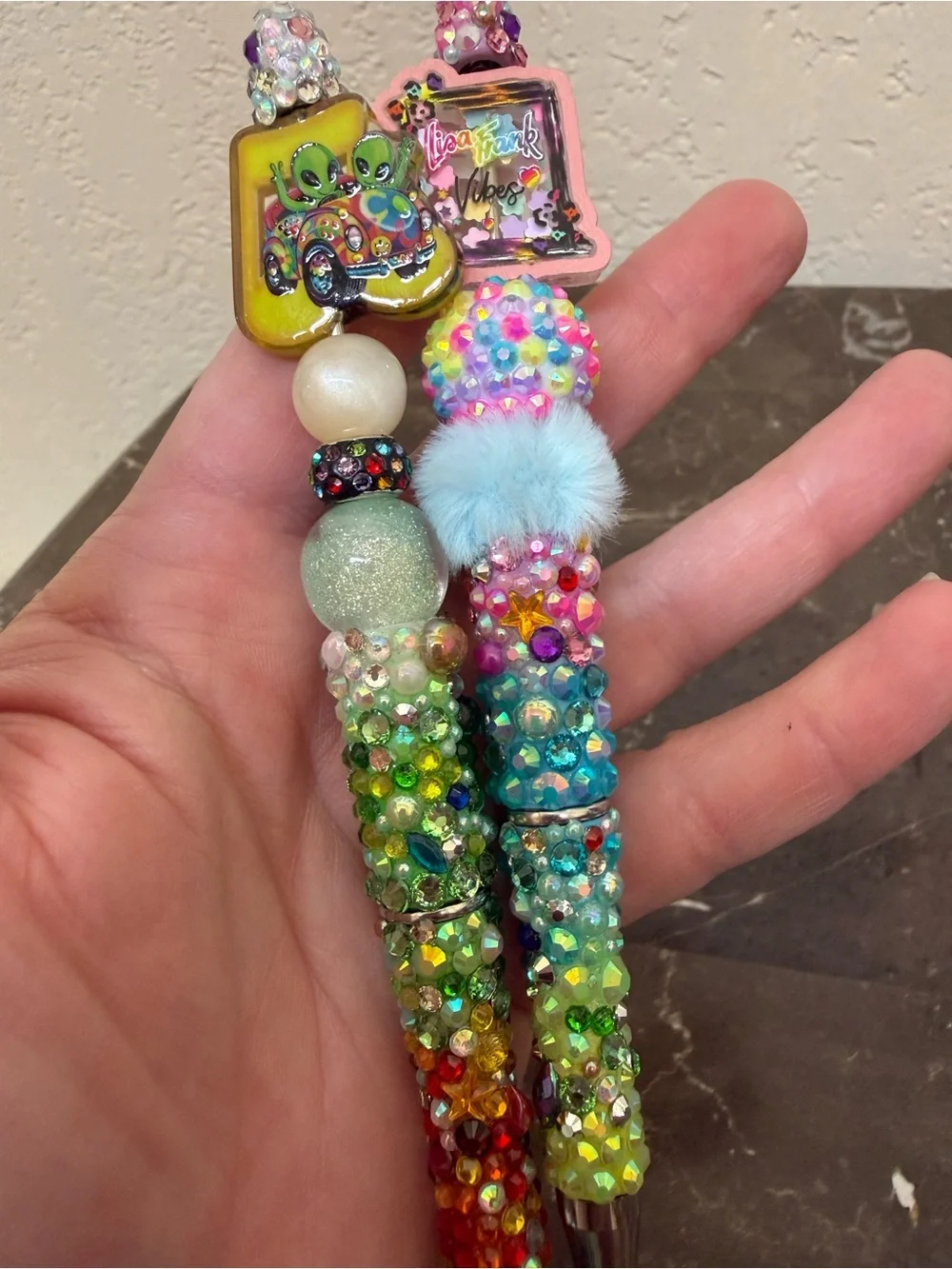 Lisa Frank Aliens Colorful Rhinestone Beaded Pen Set Handmade